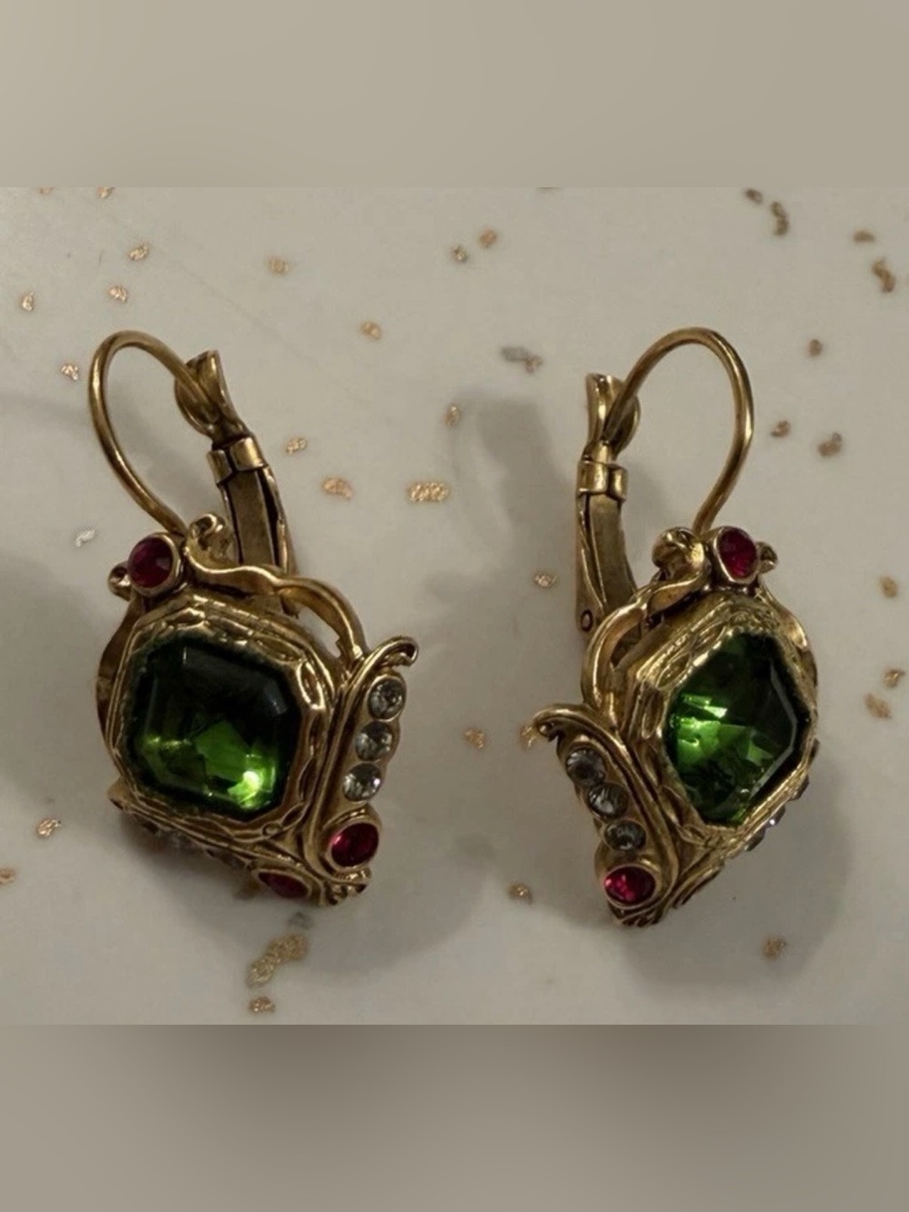 Vintage Joan Rivers Jeweled Bug Insect Leverback Earrings Gold Tone Green Red